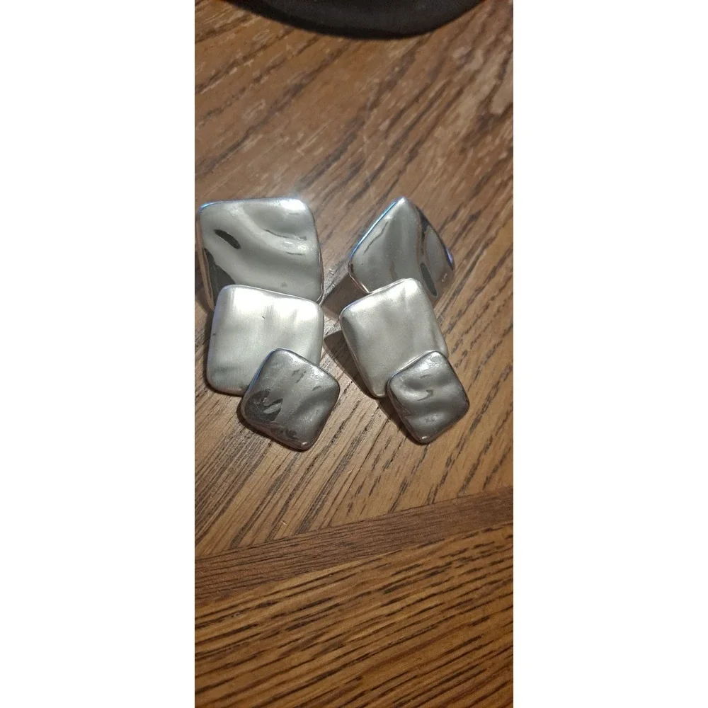 Silver Tone Dangle Earrings, 3 Squares Layered, Chunky